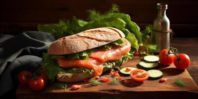 ai generato grande Sandwich con salmone, cetriolo, e verdi. ai generativo foto