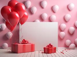 ai generato il bianca tela è circondato di bianca e rosso palloncini e regalo scatole su un' luminosa rosa sfondo. ai generativo foto