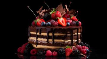 ai generato delizioso dolce fresco bellissimo cioccolato torta dolce con frutti di bosco su un' nero sfondo. ai generativo foto