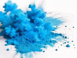 ai generato luminosa ciano blu holi dipingere colore polvere Festival esplosione scoppiare isolato bianca sfondo. industriale Stampa concetto sfondo foto