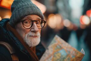 ai generato un' riflessivo anziano uomo nel un' cappello e bicchieri Tenere un' carta geografica, guardare per direzione su un urbano esplorazione avventura. foto