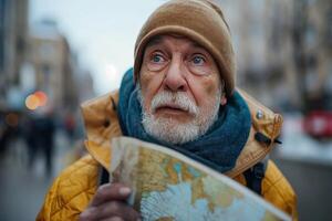 ai generato un' riflessivo anziano uomo nel un' cappello Tenere un' carta geografica, guardare per direzione su un urbano esplorazione avventura. foto