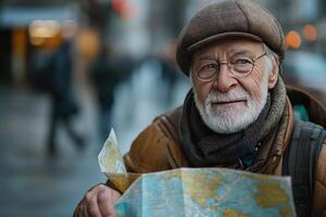 ai generato un' riflessivo anziano uomo nel un' cappello e bicchieri Tenere un' carta geografica, guardare per direzione su un urbano esplorazione avventura. foto