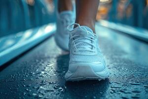 ai generato avvicinamento di luminosa in esecuzione scarpe nel azione su un' tapis roulant, raffigurante un' fitness allenarsi nel un' Palestra ambientazione. sport Palestra fitness concetto. foto