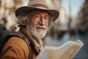 ai generato un' riflessivo anziano uomo nel un' cappello e bicchieri Tenere un' carta geografica, guardare per direzione su un urbano esplorazione avventura. foto