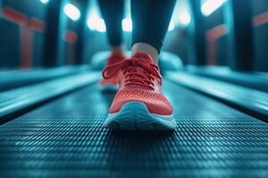 ai generato avvicinamento di luminosa rosso in esecuzione scarpe nel azione su un' tapis roulant, raffigurante un' fitness allenarsi nel un' Palestra ambientazione. sport Palestra fitness concetto. foto