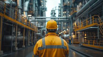 ai generato industriale lavoratori nel olio in lavorazione pianta, occupato con produzione e greggio olio gestione, tecnico ambiance foto