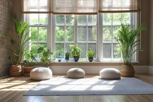 ai generato un' luminosa e sereno interno meditazione spazio con un' grande finestra con verde impianti e confortevole pavimento cuscini. foto