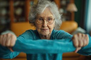 ai generato anziano signora donna con grigio capelli l'esecuzione yoga tratti al chiuso, promozione un' salutare stile di vita. foto
