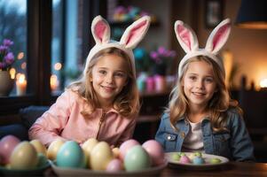 ai generato Candido bambini indossare coniglietto orecchie e pittura Pasqua uova, loro facce illuminato su con sorrisi, cattura il innocenza e felicità di Pasqua feste foto