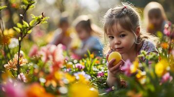 ai generato gioioso azione foto di un' famiglia Pasqua uovo caccia nel un' fioritura primavera giardino, con bambini ricerca per colorato uova tra fiori, simboleggiante il divertimento e eccitazione di il vacanza