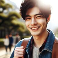 Immagine di il asiatico giovane uomo, a piedi fuori, sorridente. persone foto