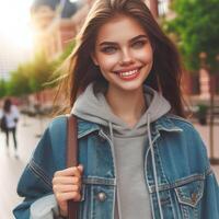 Immagine di il europeo giovane donna, a piedi fuori, sorridente. persone foto