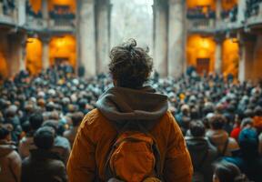 ai generato un dipendente è presentazione per un' camera pieno di le persone. un' persona indossare un' zaino sta nel davanti di un' moltitudine di individui. foto