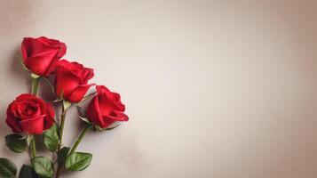 rosso Rose su beige carta sfondo con copia spazio cartolina. st. San Valentino giorno manifesto. ai generato foto