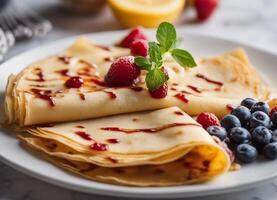 ai generato fatti in casa crepes con fresco frutti di bosco e menta su un' bianca piatto foto