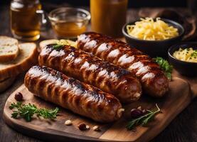 ai generato arrostito bratwurst su un' di legno tavola foto