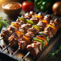 ai generato grigliato carne shish kebab con verdure su spiedini foto