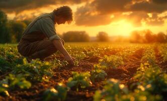 ai generato contadino è Lavorando nel il campo a tramonto. uomo in ginocchio su un' azienda agricola e piantare verdure foto