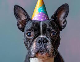 ai generato nero e bianca cane indossare festa cappello - contento celebrazione momento e divertimento animale domestico fotografia foto