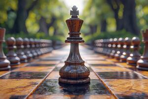 ai generato scacchi tavola con re - strategia, battaglia, vittoria, gioco, classico, monarca, intelligenza, scacco matto, tattica, reale foto