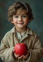 ai generato contento scuola ragazzo Tenere un Mela. un' giovane ragazzo è visto Tenere un Mela nel il suo mani, chiaramente in mostra il suo ammirazione per il frutta. foto