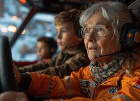 ai generato nonna e sua bambini giocando guida simulatore. un' donna ascoltando per musica mentre seduto su un' aereo. foto