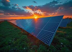 ai generato grande solare pannello su lussureggiante verde campo forniture pulito energia foto