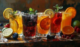 ai generato vario varietà di frutta succhi di frutta nel un' bicchiere. un' riga di bicchieri pieno con vario tipi di bevande, offerta un' selezione di bevande. foto