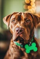 ai generato labrador cane da riporto cucciolo con un' verde osso su un' sfocato sfondo foto