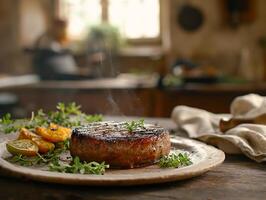 ai generato un' piatto di bistecca ha stato impostato su un' di legno tavolo nel un' cucina con immersione salse, fresco verdure insalata, cipolle e peperoni, generativo, ai foto