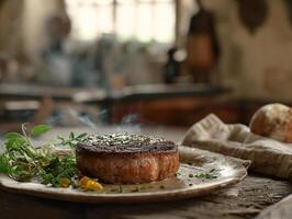 ai generato un' piatto di bistecca ha stato impostato su un' di legno tavolo nel un' cucina con immersione salse, fresco verdure insalata, cipolle e peperoni, generativo, ai foto