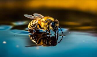 ai generato ape su acqua Ape. un' vicino su di un' ape su un' blu superficie foto