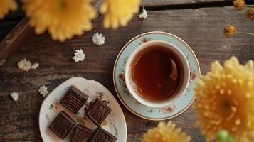 ai generato Vintage ▾ tazza di tè con cioccolato ossequi e giallo fiori foto