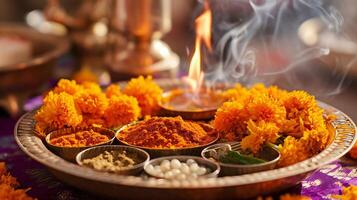 ai generato vivace calendula fiori circostante un' tradizionale indiano thali foto