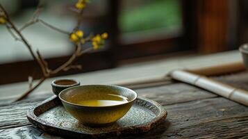 ai generato rustico tè momento con artistico giapponese tazza foto