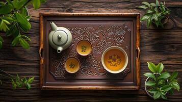 ai generato elegante tè servizio su ornato di legno vassoio con impianti foto