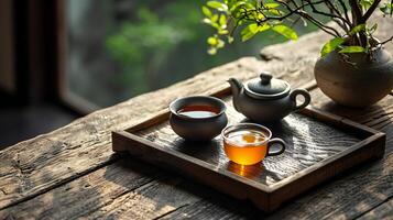 ai generato tradizionale tè ambientazione con pentola e di legno vassoio foto