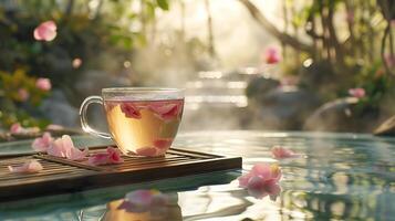 ai generato d'oro ora tè con petali su giardino stagno foto