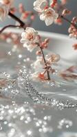 ai generato scintillante perle e ciliegia fiori alla deriva su sereno acque foto