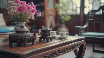ai generato elegante tè servizio su un' classico di legno tavolo foto