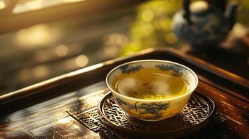 ai generato tramonto tonalità riflettendo su un' tradizionale porcellana tè ciotola foto