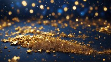 ai generato astratto particella sfondo con d'oro scintillante e raggiante oro stelle. Natale splendore su bokeh sfondo. oro Foglio struttura sfondo. foto