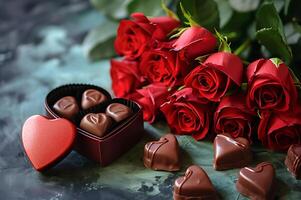 ai generato celebrazione stile di San Valentino giorno Rose e cioccolato foto