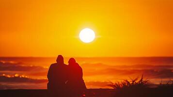ai generato coppia godendo un' maestoso tramonto su il spiaggia foto