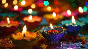ai generato vivido Diwali diyas scintillante nel festivo crepuscolo foto