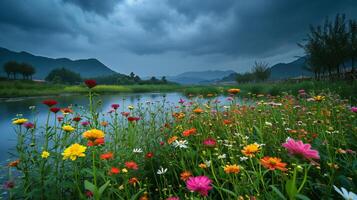 ai generato colorato fiori selvatici fiorente di un' calma sul fiume foto