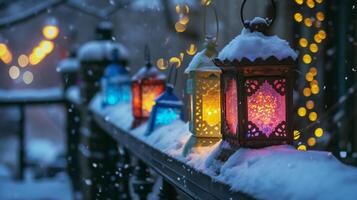 ai generato lanterne ardente su un' invernale innevato balaustra foto