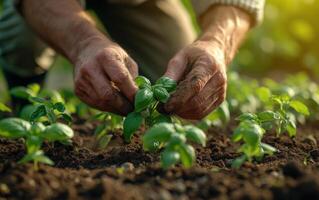 ai generato contadino piantare giovane piantine di Pepe nel il verdura giardino. contadino piantare verde impianti nel il suolo foto