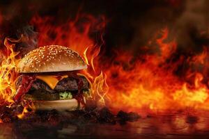 ai generato demonico cheesburger inferno nel fiamma sfondo foto